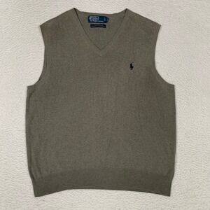 VTG Polo Ralph Lauren V-Neck Sweater Vest Mens M 100% Pima Cotton Olive Green